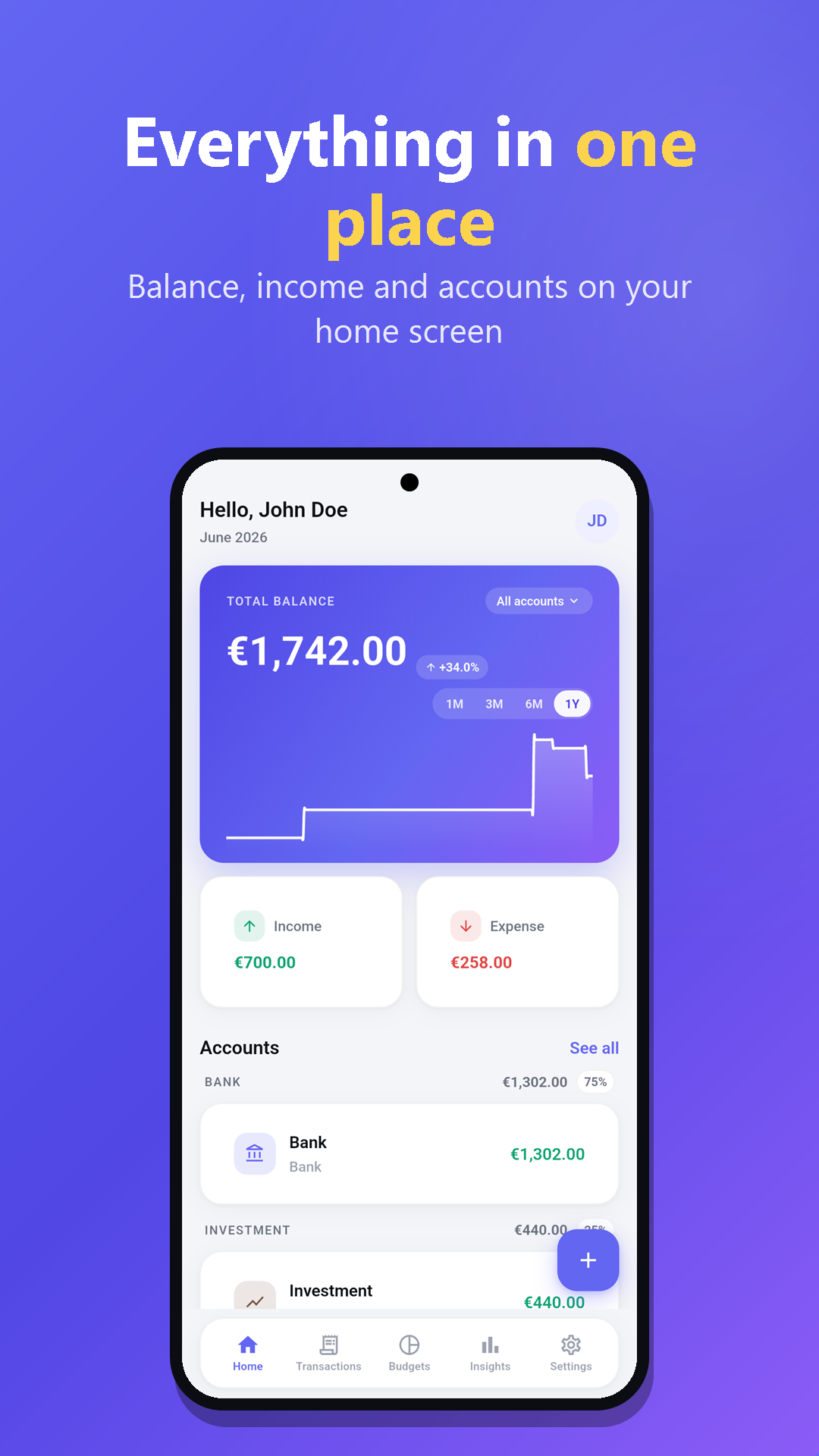 Orza home screen showing total balance, income, expenses and accounts